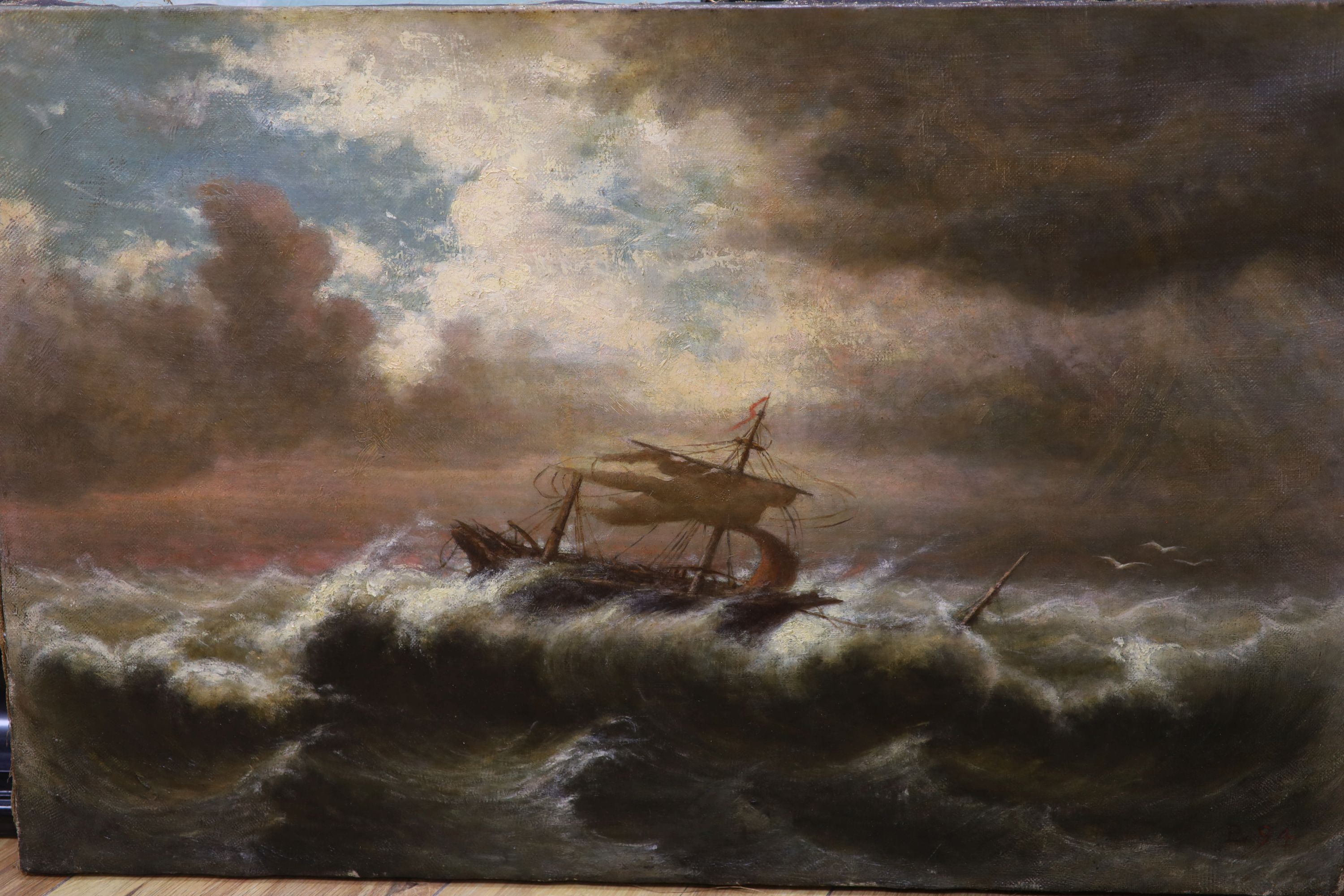 Continental School, study of a ship on turbulent waters below a breaking sky, oil on canvas, unframed, 38 x 59 cm.
